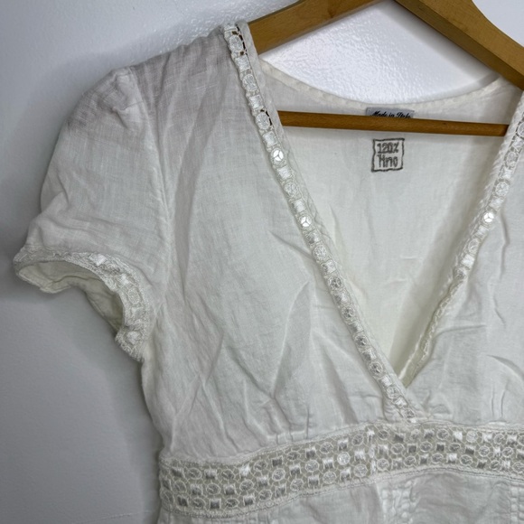 120% LINO White Linen Eyelet Cap Sleeve Top - Picture 2 of 8